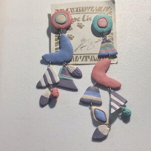 Wearable Art Vintage 80’s Clay Clip-on Asymmetrical Earrings. Hand Crafted.